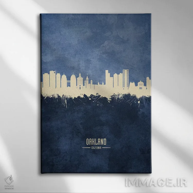 تابلو دکوراتیو منظره اوکلند کالیفرنیا با رنگ سرمه ای اثر مایکل تامپست - نمای روبهرو روی دیوار