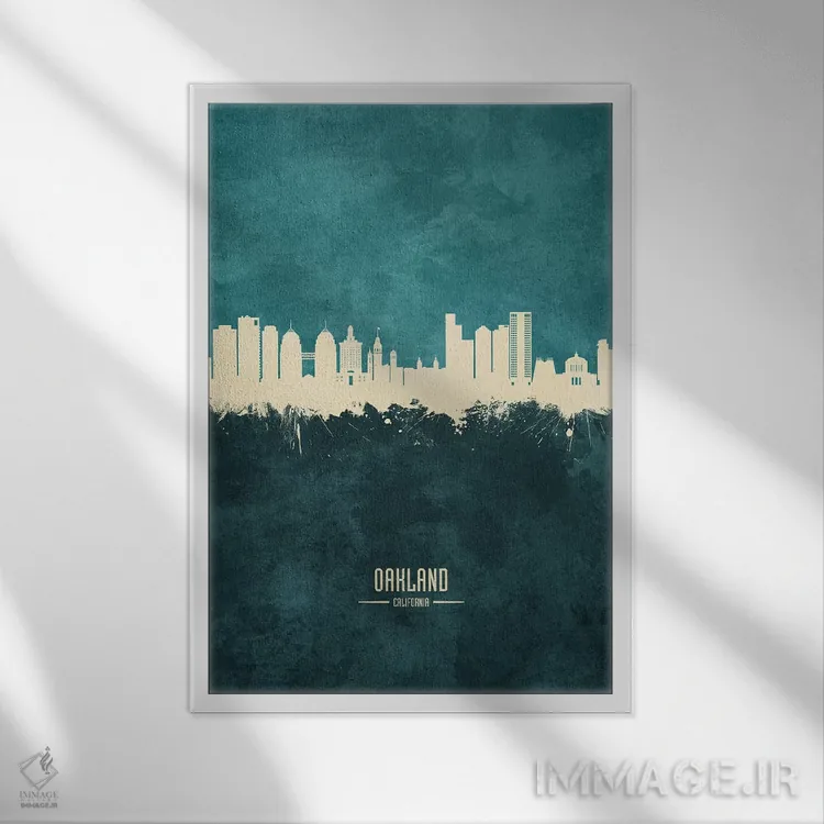 تابلو دکوراتیو منظره اوکلند کالیفرنیا با رنگ سبزآبی اثر مایکل تامپست - نمای قابدار سفید