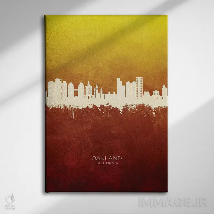 تابلو دکوراتیو منظره اوکلند کالیفرنیا با قرمز و طلایی اثر مایکل تامپست - نمای روبهرو روی دیوار