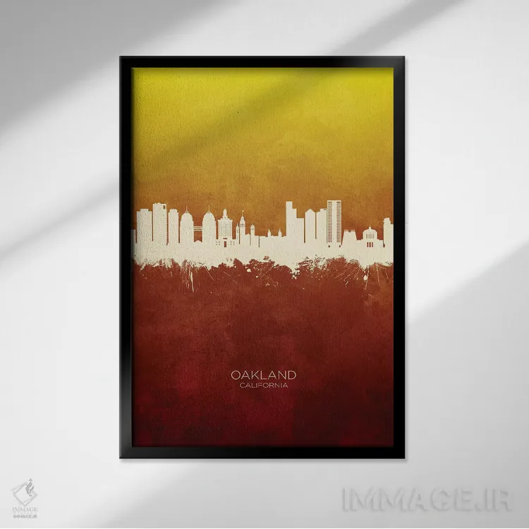 تابلو دکوراتیو منظره اوکلند کالیفرنیا با قرمز و طلایی اثر مایکل تامپست - نمای قابدار مشکی