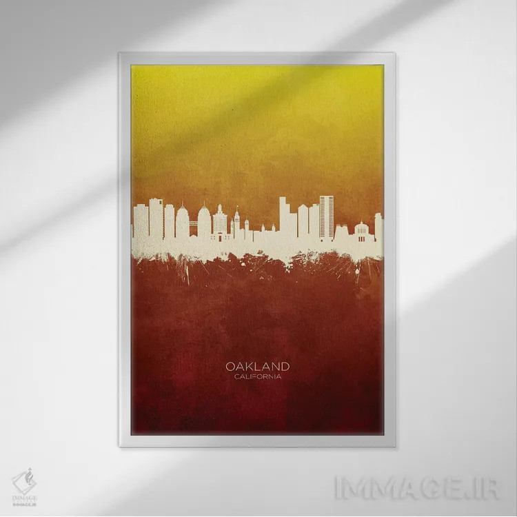 تابلو دکوراتیو منظره اوکلند کالیفرنیا با قرمز و طلایی اثر مایکل تامپست - نمای قابدار سفید