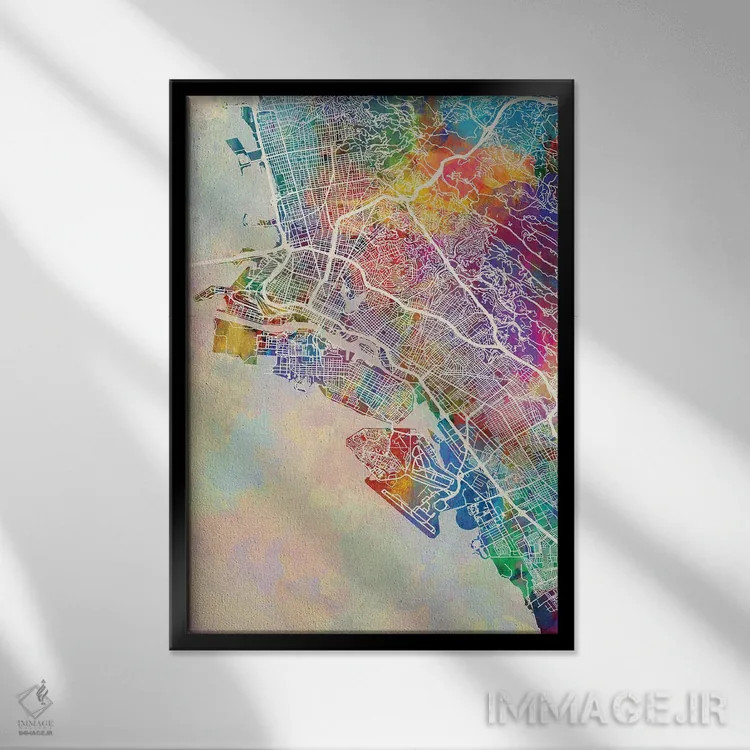 تابلو دکوراتیو نقشه اوکلند کالیفرنیا اثر مایکل تامپست - نمای قابدار مشکی