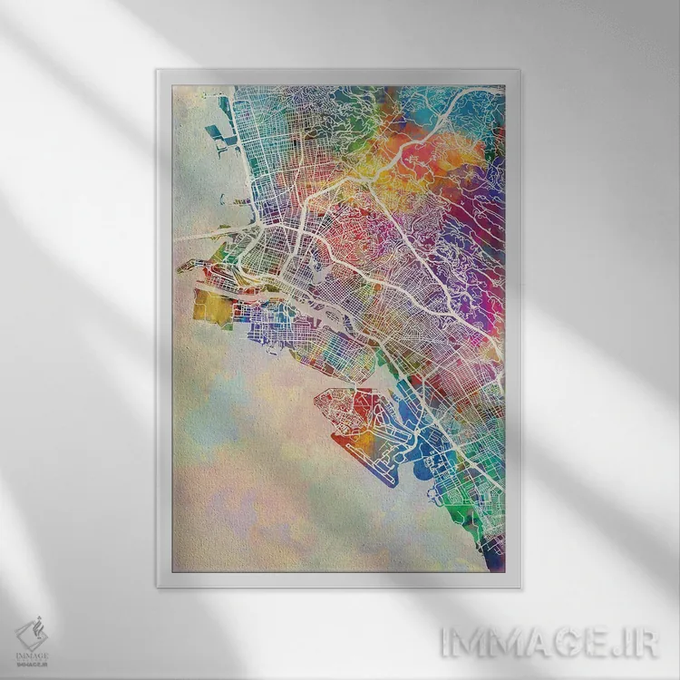 تابلو دکوراتیو نقشه اوکلند کالیفرنیا اثر مایکل تامپست - نمای قابدار سفید