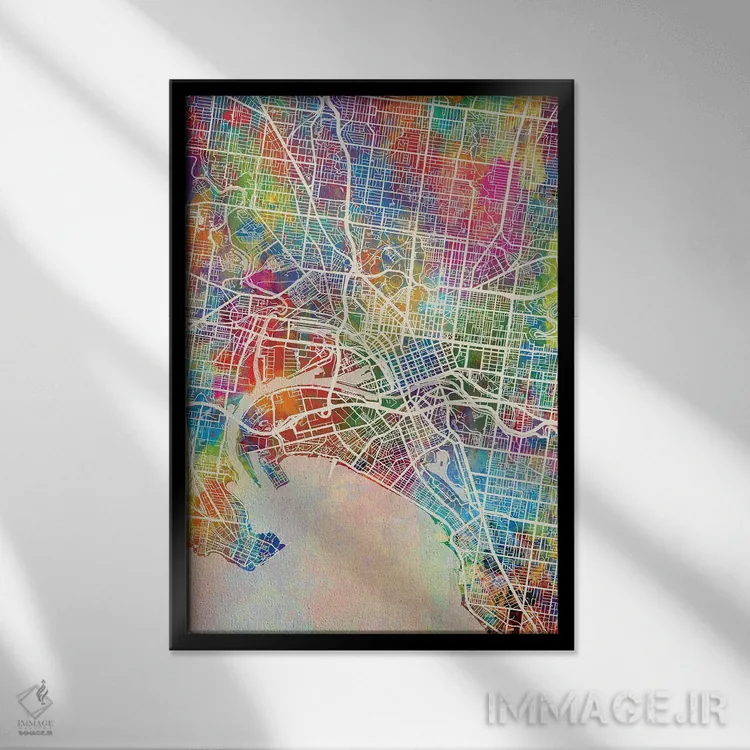تابلو دکوراتیو نقشه ملبورن اثر مایکل تامپست - نمای قابدار مشکی