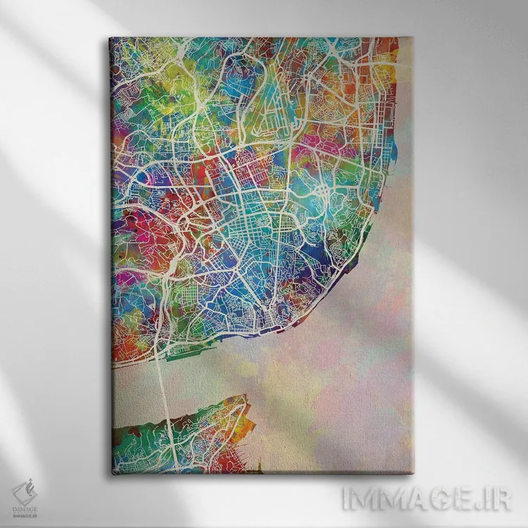 تابلو دکوراتیو نقشه لیسبون پرتغال اثر مایکل تامپست - نمای روبهرو روی دیوار