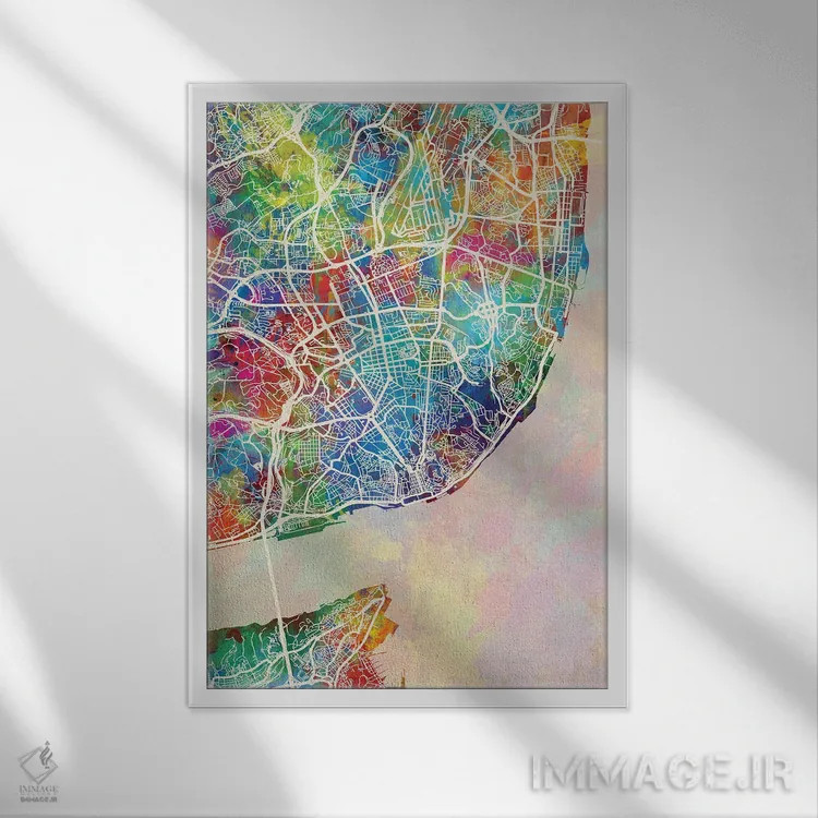 تابلو دکوراتیو نقشه لیسبون پرتغال اثر مایکل تامپست - نمای قابدار سفید