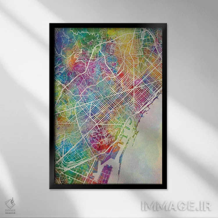 تابلو دکوراتیو نقشه بارسلونا اسپانیا اثر مایکل تامپست - نمای قابدار مشکی