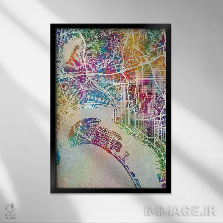 تابلو دکوراتیو نقشه سن دیه گو اثر مایکل تامپست - نمای قابدار مشکی