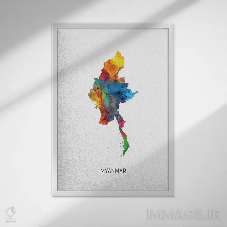 تابلو دکوراتیو نقشه میانمار اثر مایکل تامپست - نمای قابدار سفید