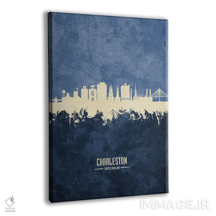 تابلو دکوراتیو نمای افق چارلستون، کارولینای جنوبی با رنگ سرمه ای اثر مایکل تامپست - نمای پرسپکتیو محصول