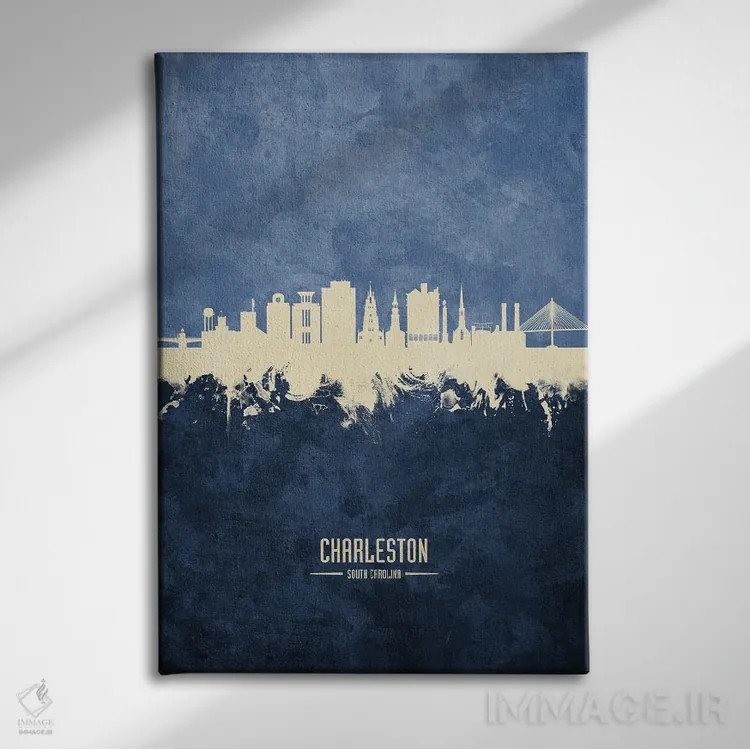 تابلو دکوراتیو نمای افق چارلستون، کارولینای جنوبی با رنگ سرمه ای اثر مایکل تامپست - نمای روبهرو روی دیوار