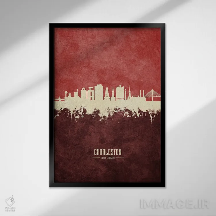 تابلو دکوراتیو نمای افق چارلستون با رنگ زرشکی اثر مایکل تامپست - نمای قابدار مشکی