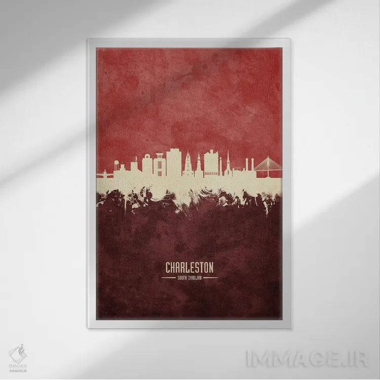 تابلو دکوراتیو نمای افق چارلستون با رنگ زرشکی اثر مایکل تامپست - نمای قابدار سفید