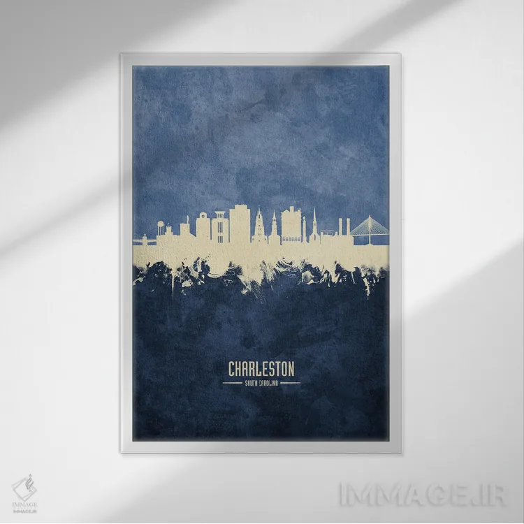 تابلو دکوراتیو نمای افق چارلستون، کارولینای جنوبی با رنگ سرمه ای اثر مایکل تامپست - نمای قابدار سفید