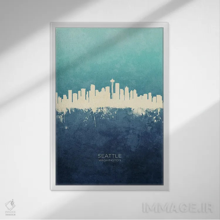 تابلو دکوراتیو نمای افق سیاتل، واشنگتن با رنگ سرمه ای و فیروزه ای اثر مایکل تامپست - نمای قابدار سفید