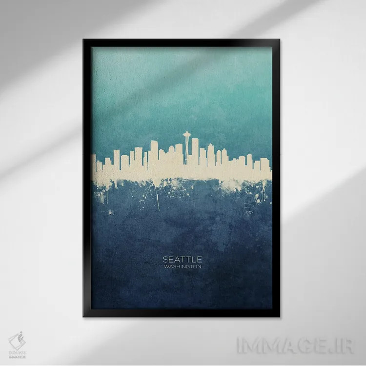 تابلو دکوراتیو نمای افق سیاتل، واشنگتن با رنگ سرمه ای و فیروزه ای اثر مایکل تامپست - نمای قابدار مشکی