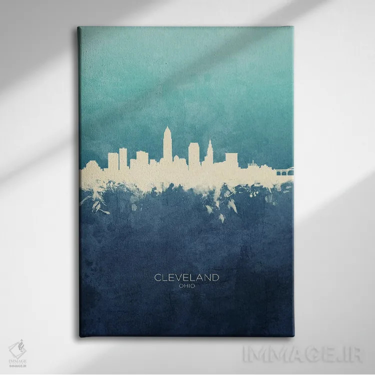 تابلو دکوراتیو نمای افق کلیولند، اوهایو با رنگ سرمه ای و فیروزه ای اثر مایکل تامپست - نمای روبهرو روی دیوار