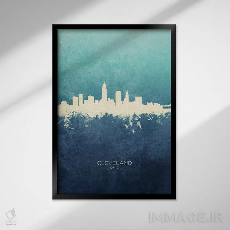تابلو دکوراتیو نمای افق کلیولند، اوهایو با رنگ سرمه ای و فیروزه ای اثر مایکل تامپست - نمای قابدار مشکی