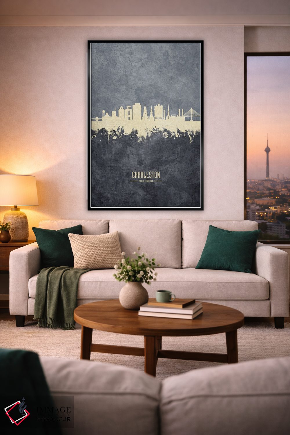 تابلو دکوراتیو نمای افق چارلستون، کارولینای جنوبی به رنگ سفید روی خاکستری اثر مایکل تامپست - D2B