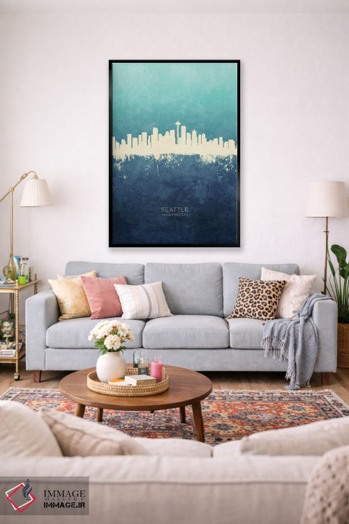 تابلو دکوراتیو نمای افق سیاتل، واشنگتن با رنگ سرمه ای و فیروزه ای اثر مایکل تامپست - D1B
