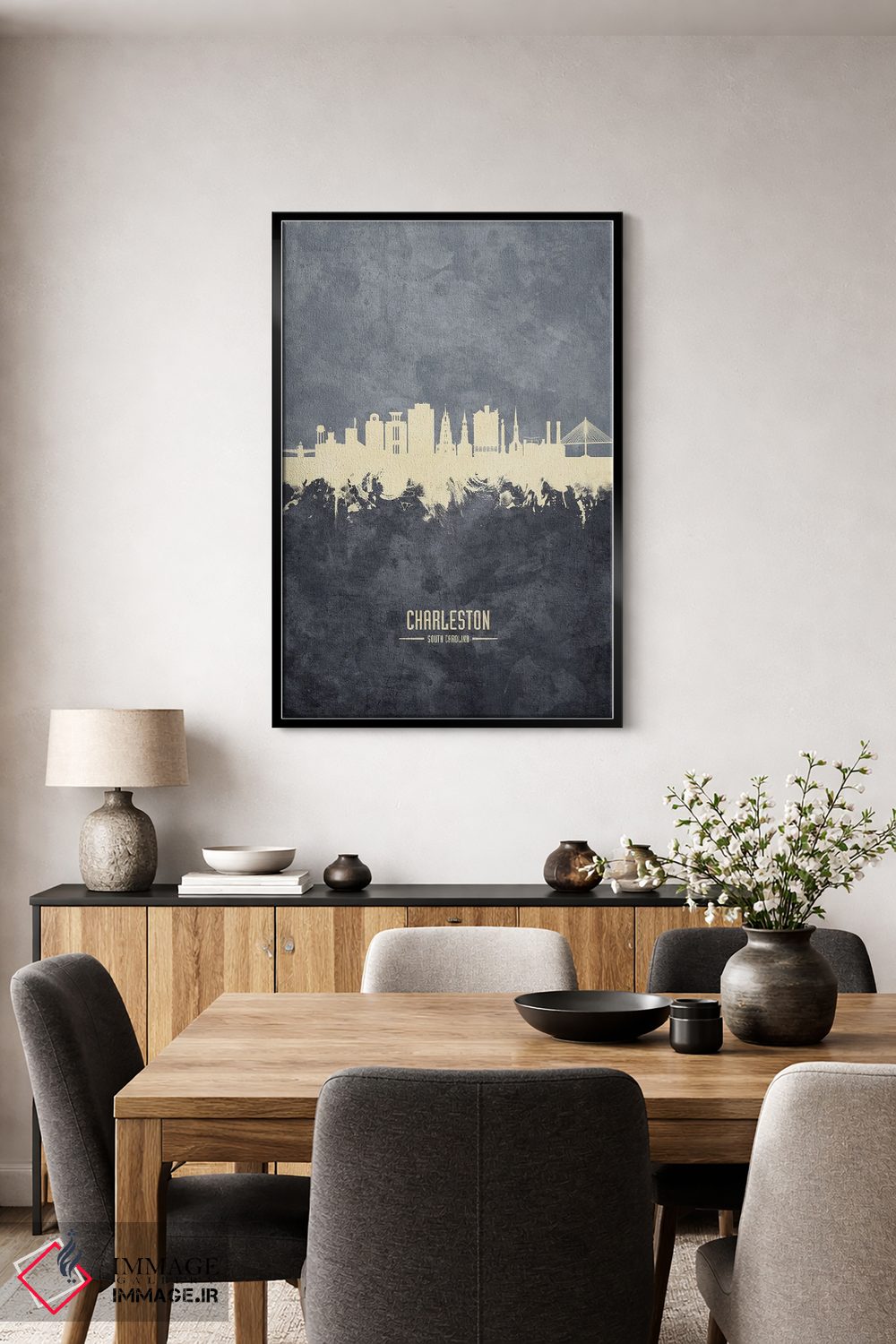 تابلو دکوراتیو نمای افق چارلستون، کارولینای جنوبی به رنگ سفید روی خاکستری اثر مایکل تامپست - D4B