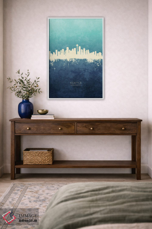 تابلو دکوراتیو نمای افق سیاتل، واشنگتن با رنگ سرمه ای و فیروزه ای اثر مایکل تامپست - D2W