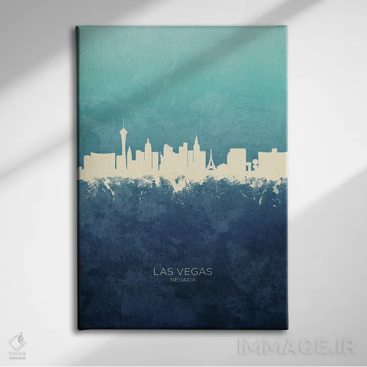 تابلو دکوراتیو نمای افق لاس وگاس، نوادا با رنگ سرمه ای و فیروزه ای اثر مایکل تامپست - نمای روبهرو روی دیوار