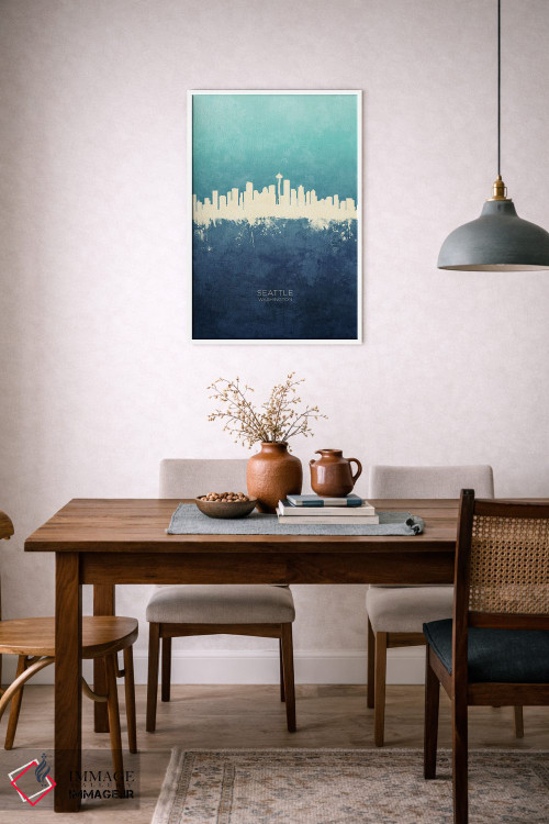 تابلو دکوراتیو نمای افق سیاتل، واشنگتن با رنگ سرمه ای و فیروزه ای اثر مایکل تامپست - D5W