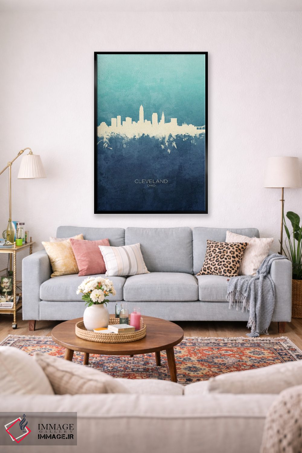 تابلو دکوراتیو نمای افق کلیولند، اوهایو با رنگ سرمه ای و فیروزه ای اثر مایکل تامپست - D2B
