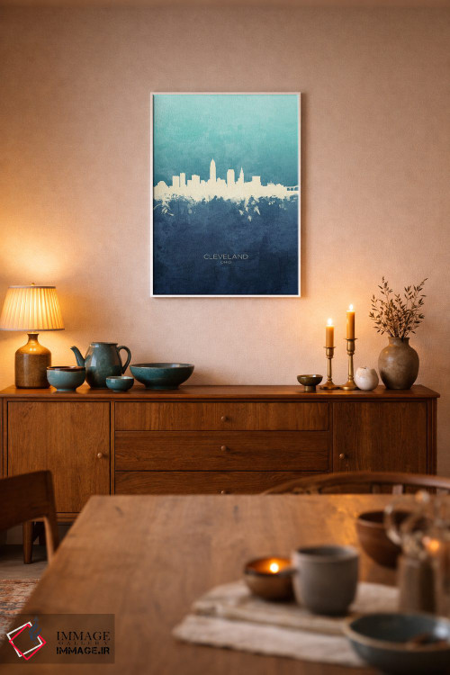 تابلو دکوراتیو نمای افق کلیولند، اوهایو با رنگ سرمه ای و فیروزه ای اثر مایکل تامپست - D6W