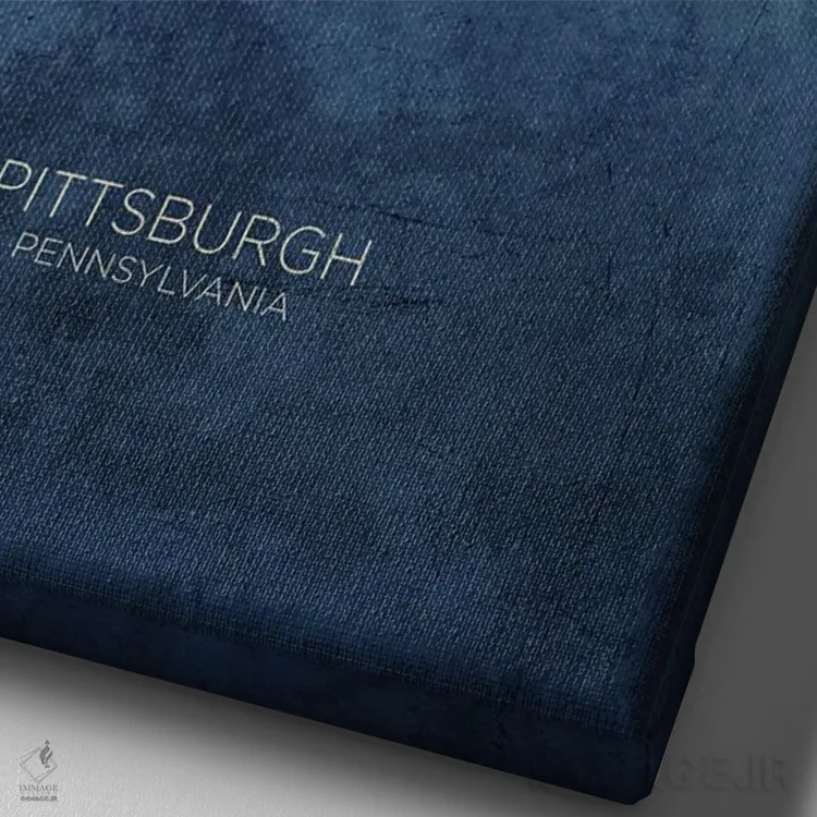 تابلو دکوراتیو نمای افق پیتسبورگ با رنگ سرمه ای و فیروزه ای اثر مایکل تامپست - نمای نزدیک بافت بوم