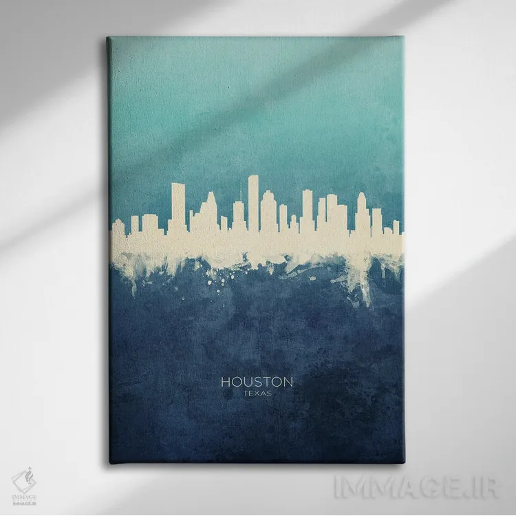 تابلو دکوراتیو نمای افق هیوستون، تگزاس با رنگ سرمه ای و فیروزه ای اثر مایکل تامپست - نمای روبهرو روی دیوار