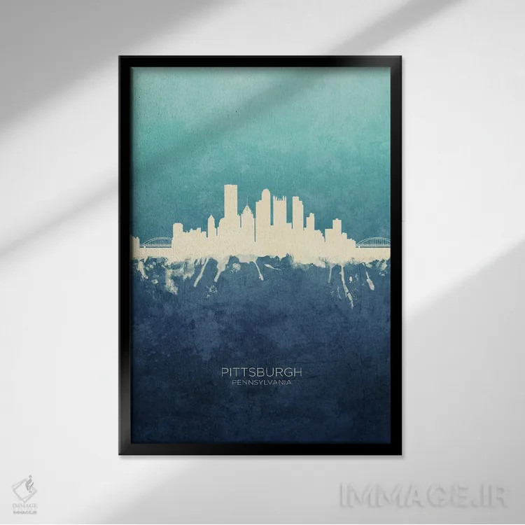 تابلو دکوراتیو نمای افق پیتسبورگ با رنگ سرمه ای و فیروزه ای اثر مایکل تامپست - نمای قابدار مشکی
