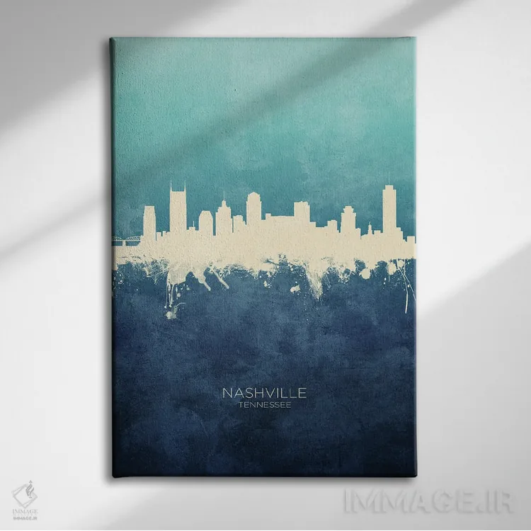 تابلو دکوراتیو نمای افق نشویل، تنسی با رنگ سرمه ای و فیروزه ای اثر مایکل تامپست - نمای روبهرو روی دیوار