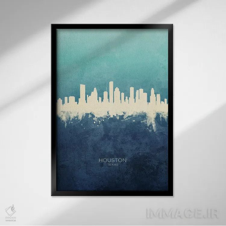 تابلو دکوراتیو نمای افق هیوستون، تگزاس با رنگ سرمه ای و فیروزه ای اثر مایکل تامپست - نمای قابدار مشکی