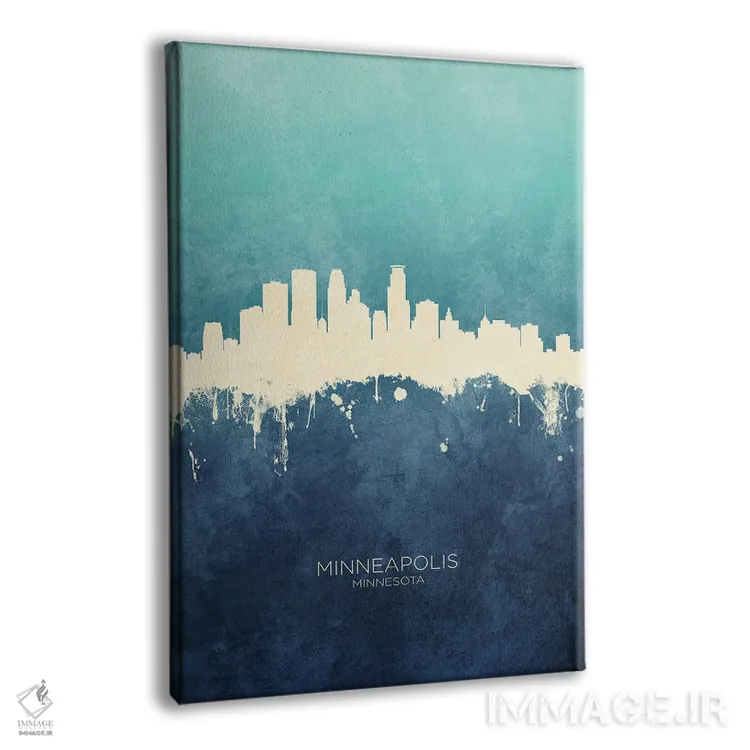 تابلو دکوراتیو نمای افق مینیاپولیس، مینه سوتا با رنگ سرمه ای و فیروزه ای اثر مایکل تامپست - نمای پرسپکتیو محصول