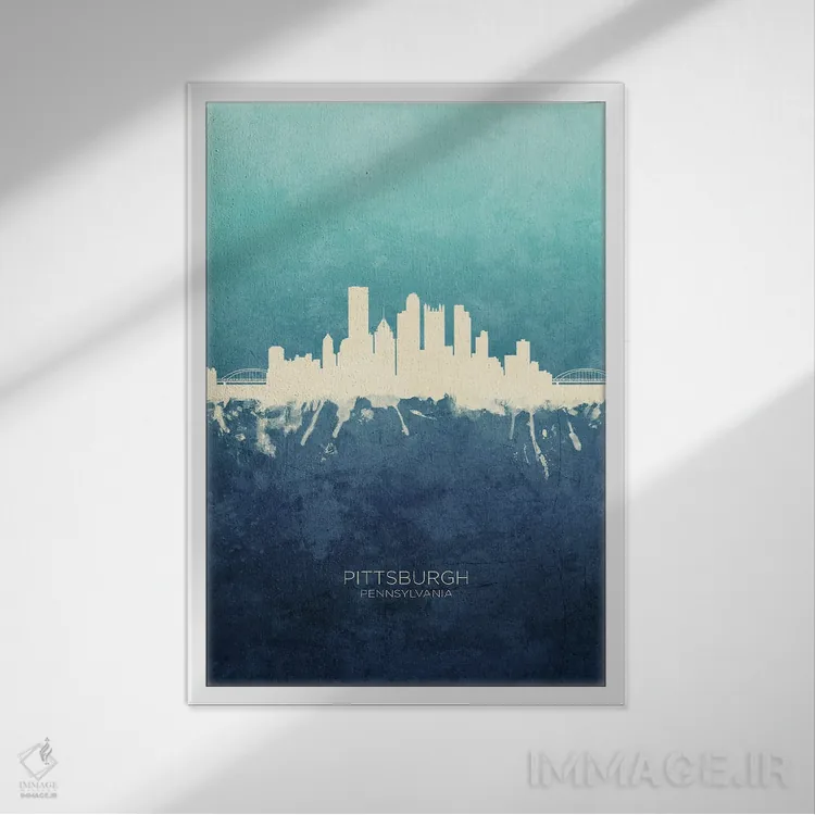 تابلو دکوراتیو نمای افق پیتسبورگ با رنگ سرمه ای و فیروزه ای اثر مایکل تامپست - نمای قابدار سفید