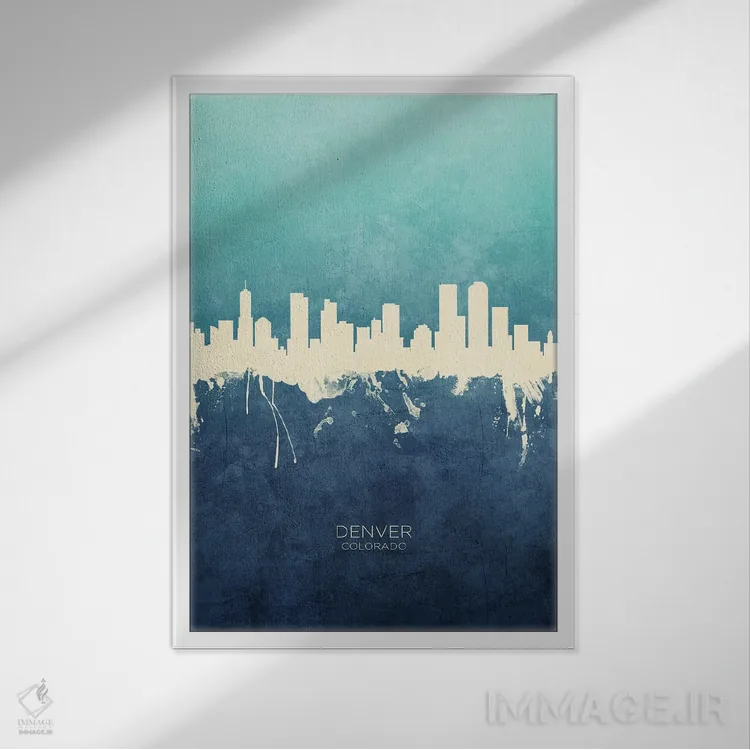 تابلو دکوراتیو نمای افق دنور، کلرادو با رنگ سرمه ای و فیروزه ای اثر مایکل تامپست - نمای قابدار سفید