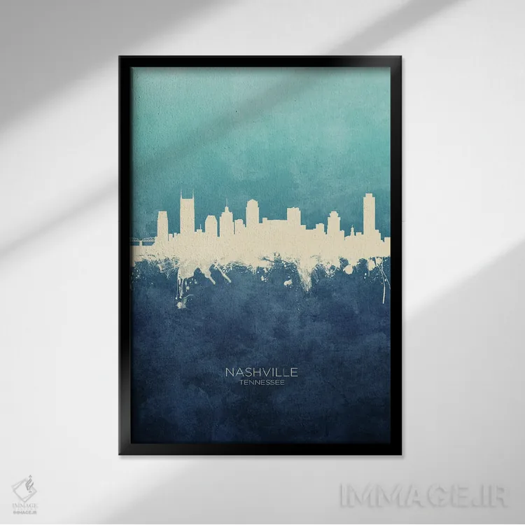 تابلو دکوراتیو نمای افق نشویل، تنسی با رنگ سرمه ای و فیروزه ای اثر مایکل تامپست - نمای قابدار مشکی