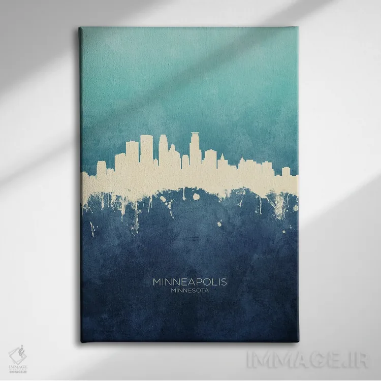 تابلو دکوراتیو نمای افق مینیاپولیس، مینه سوتا با رنگ سرمه ای و فیروزه ای اثر مایکل تامپست - نمای روبهرو روی دیوار