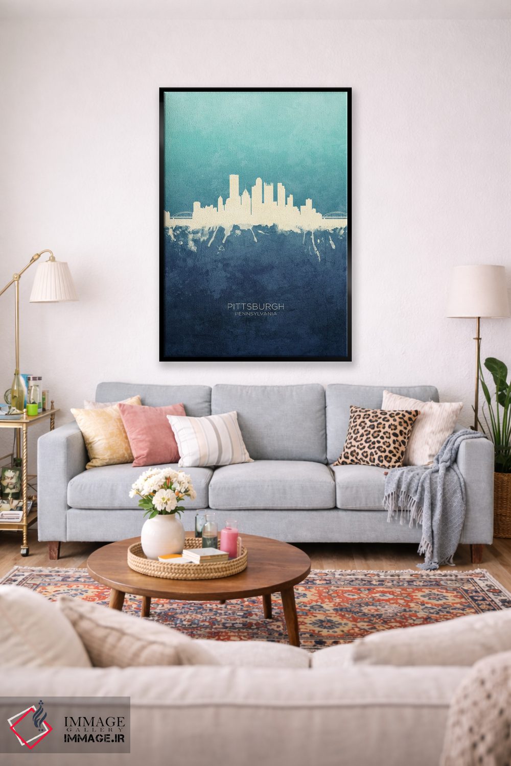 تابلو دکوراتیو نمای افق پیتسبورگ با رنگ سرمه ای و فیروزه ای اثر مایکل تامپست - D1B