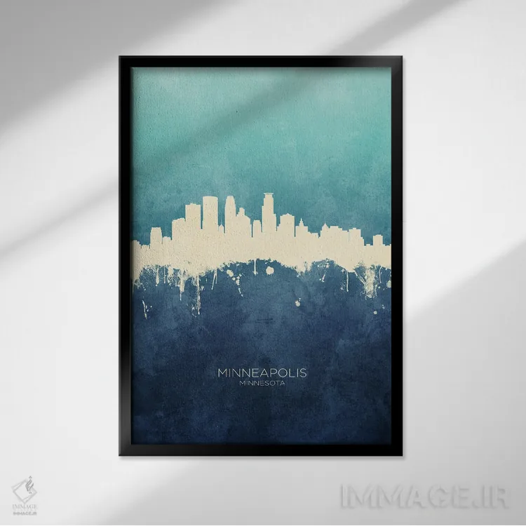 تابلو دکوراتیو نمای افق مینیاپولیس، مینه سوتا با رنگ سرمه ای و فیروزه ای اثر مایکل تامپست - نمای قابدار مشکی