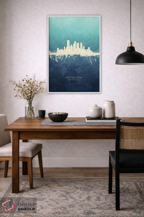 تابلو دکوراتیو نمای افق پیتسبورگ با رنگ سرمه ای و فیروزه ای اثر مایکل تامپست - D2W
