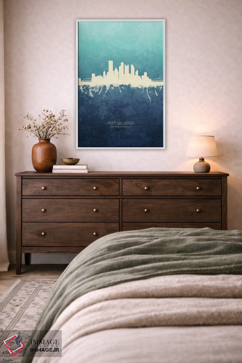 تابلو دکوراتیو نمای افق پیتسبورگ با رنگ سرمه ای و فیروزه ای اثر مایکل تامپست - D3W