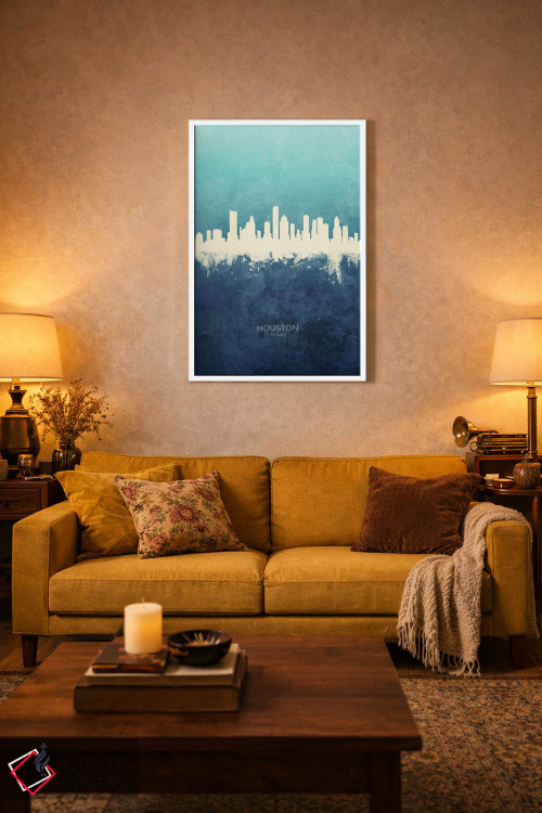 تابلو دکوراتیو نمای افق هیوستون، تگزاس با رنگ سرمه ای و فیروزه ای اثر مایکل تامپست - D2W