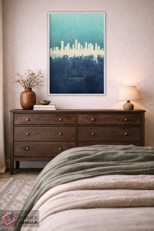 تابلو دکوراتیو نمای افق هیوستون، تگزاس با رنگ سرمه ای و فیروزه ای اثر مایکل تامپست - D3W