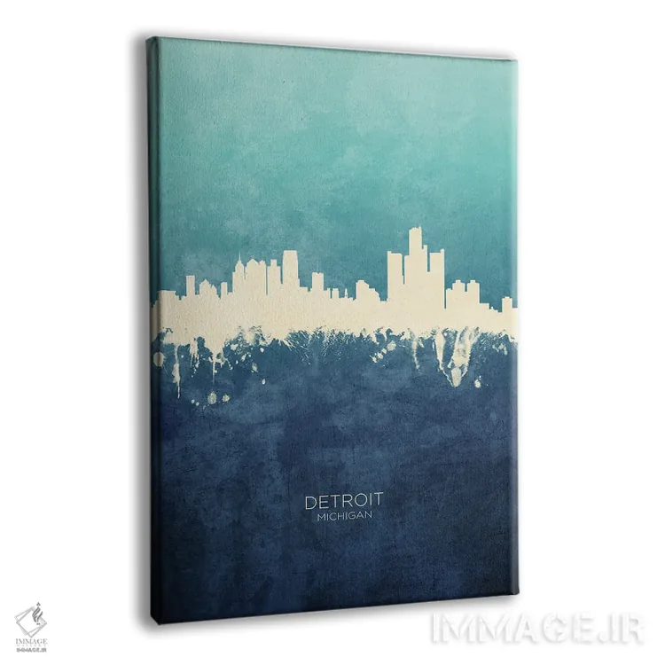 تابلو دکوراتیو نمای افق دیترویت، میشیگان با رنگ سرمه ای و فیروزه ای اثر مایکل تامپست - نمای پرسپکتیو محصول