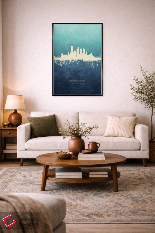 تابلو دکوراتیو نمای افق پیتسبورگ با رنگ سرمه ای و فیروزه ای اثر مایکل تامپست - D5B