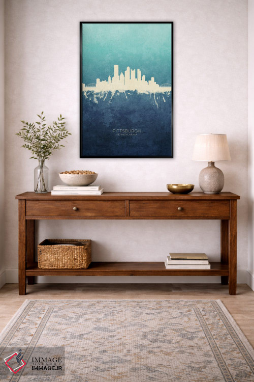 تابلو دکوراتیو نمای افق پیتسبورگ با رنگ سرمه ای و فیروزه ای اثر مایکل تامپست - D6B