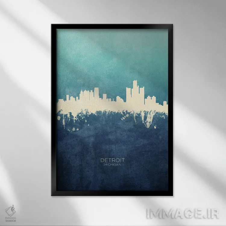 تابلو دکوراتیو نمای افق دیترویت، میشیگان با رنگ سرمه ای و فیروزه ای اثر مایکل تامپست - نمای قابدار مشکی